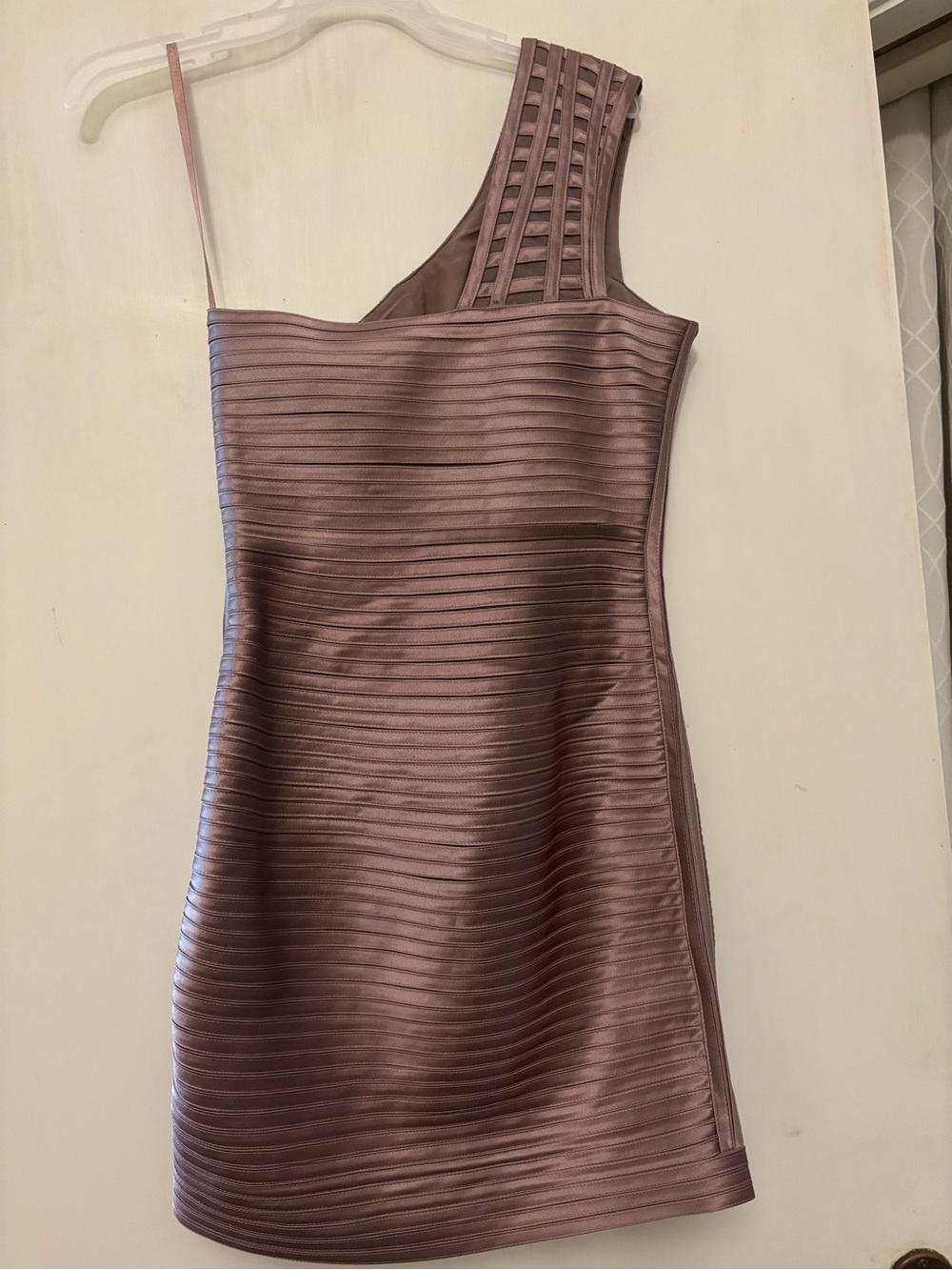 BCBGMaxAzria One-Shoulder Ribbed Dusty Rose Mini Dress